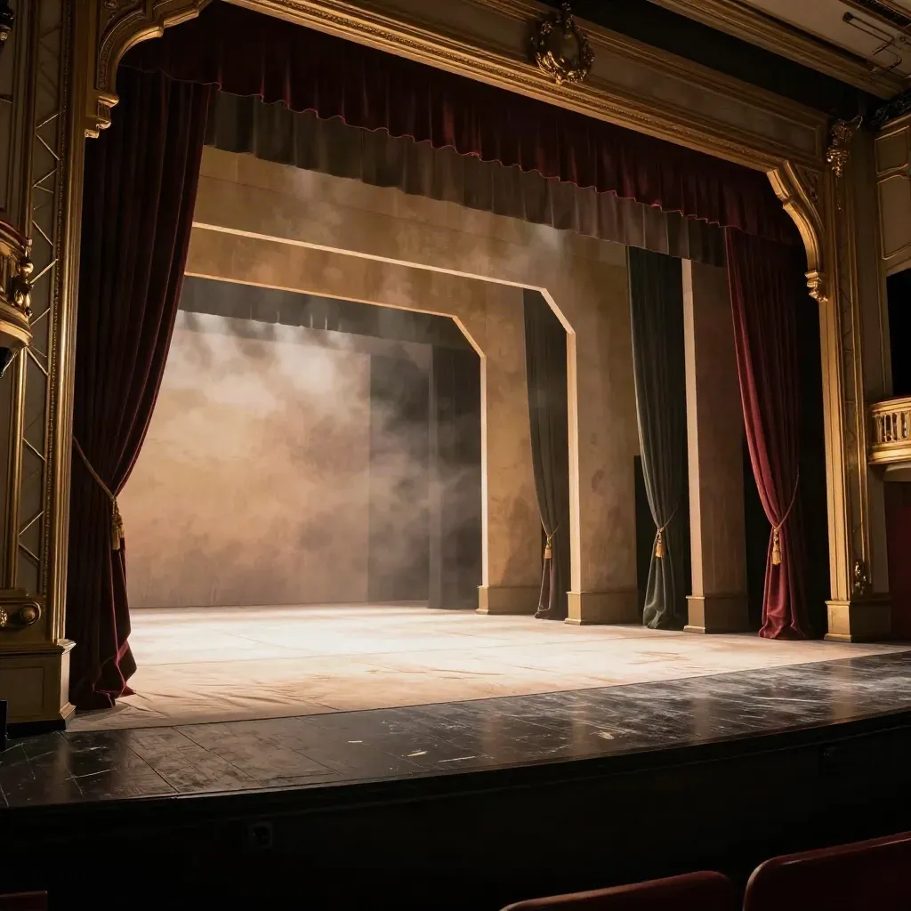Fondali teatrali su palco di prova, quinte aperte, teli scenici e luce calda