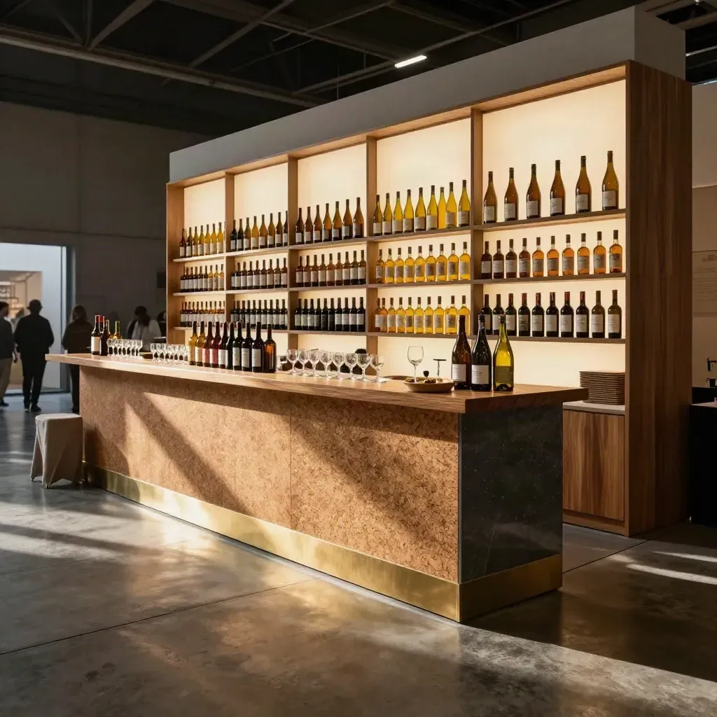 Stand vino illuminato in fiera, con parete bottiglie retroilluminata e banco degustazione in legno
