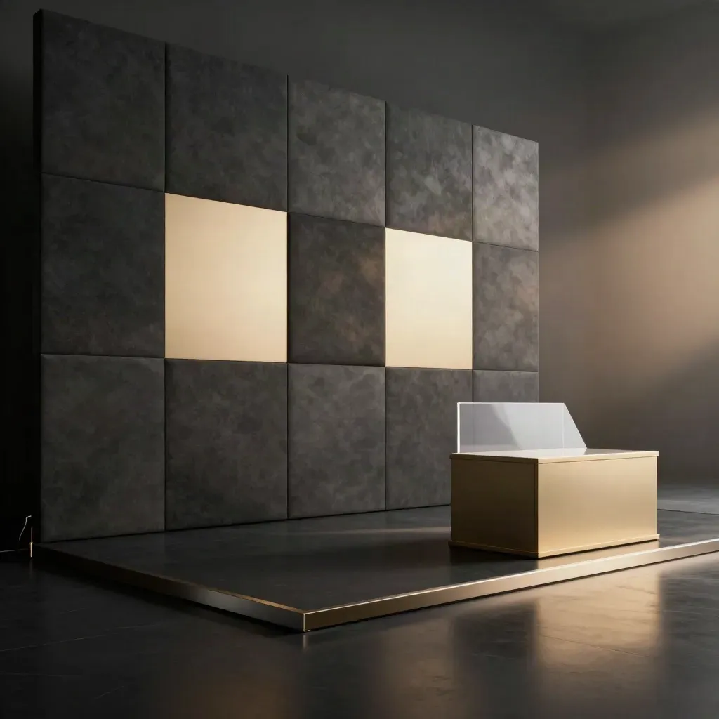Set broadcast con pareti modulari, pannelli luce e piedistallo reveal in studio, vuoto e pronto.